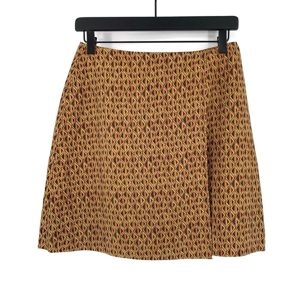 VTG ANN TAYLOR Silk Geometric Mini Skirt Mustard Brown Red Gold 8